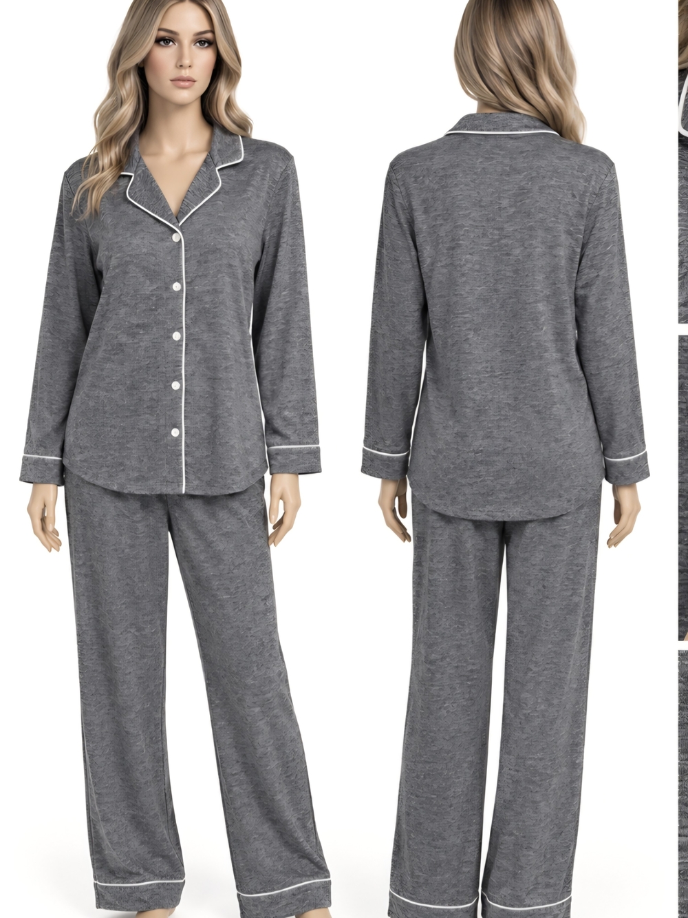 Classic Women's Gray Pajama Set with Contrast Piping